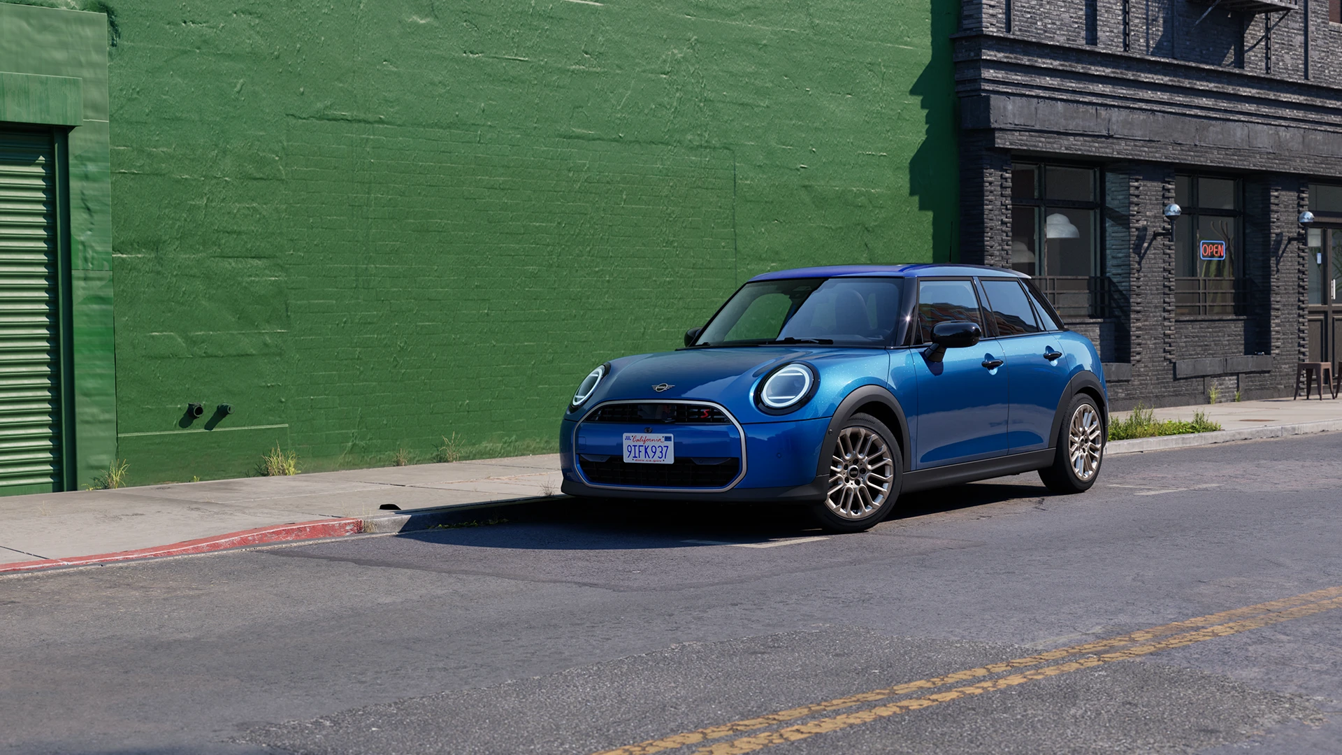 New MINI 5-door hatch – blue and white – front view